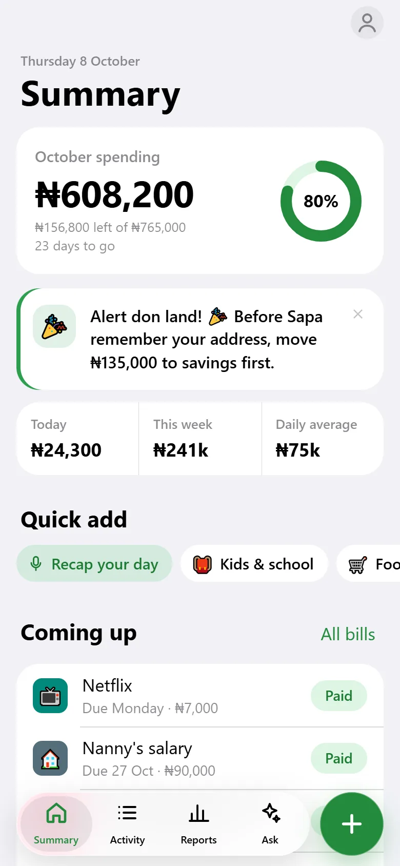 Jefri's Home screen with a nudge: Alert don land! Before Sapa remember your address, move ₦135,000 to savings first