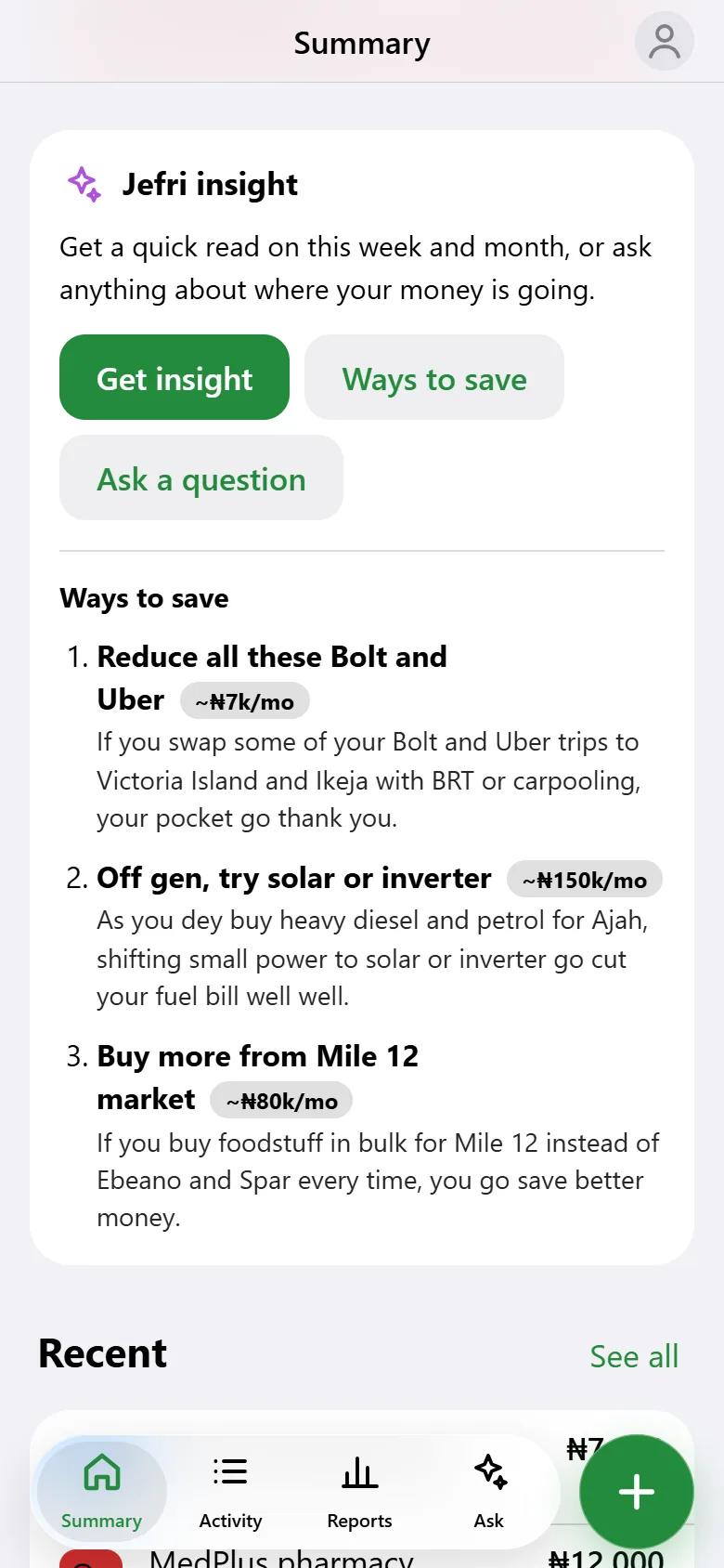 Three money-saving tips in Pidgin: fewer Bolt and Uber rides, solar or inverter instead of the generator, and buying foodstuff at Mile 12 market